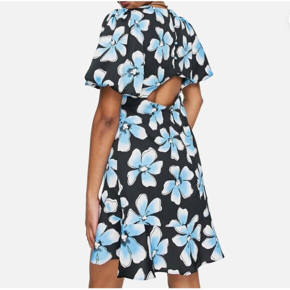 TopShop Black Blue Floral Puff Sleeve Open Back Mini Dress Size 8 - Picture 2 of 11